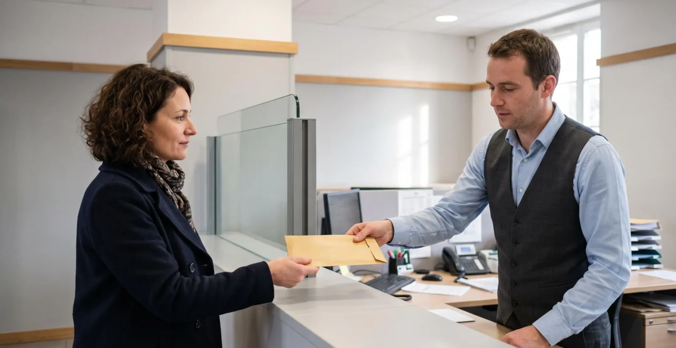 Une entrepreneur remettant une enveloppe de documents à un conseiller bancaire au guichet d'une agence bancaire.