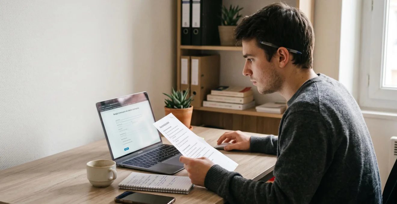 Un entrepreneur utilisant un ordinateur portable pour remplir un formulaire d'immatriculation en ligne depuis son bureau à domicile.