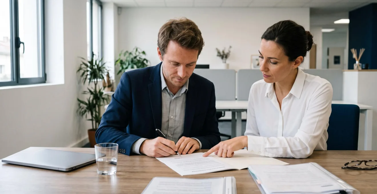 Un entrepreneur signant ses statuts de société à une table de bureau, accompagné d'un conseiller qui lui indique un passage du document.
