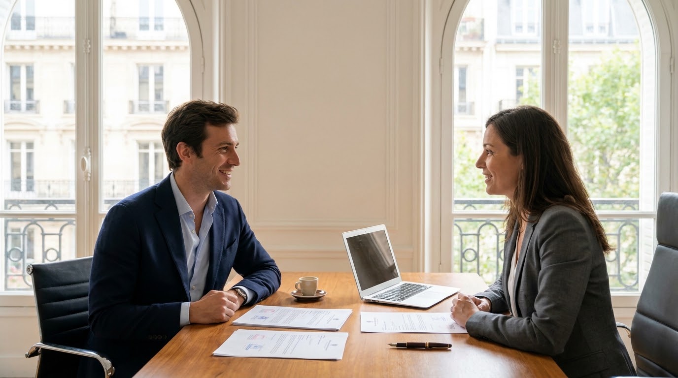 Gros plan sur des mains tenant un extrait d'immatriculation tout juste imprimé dans un couloir administratif lumineux.